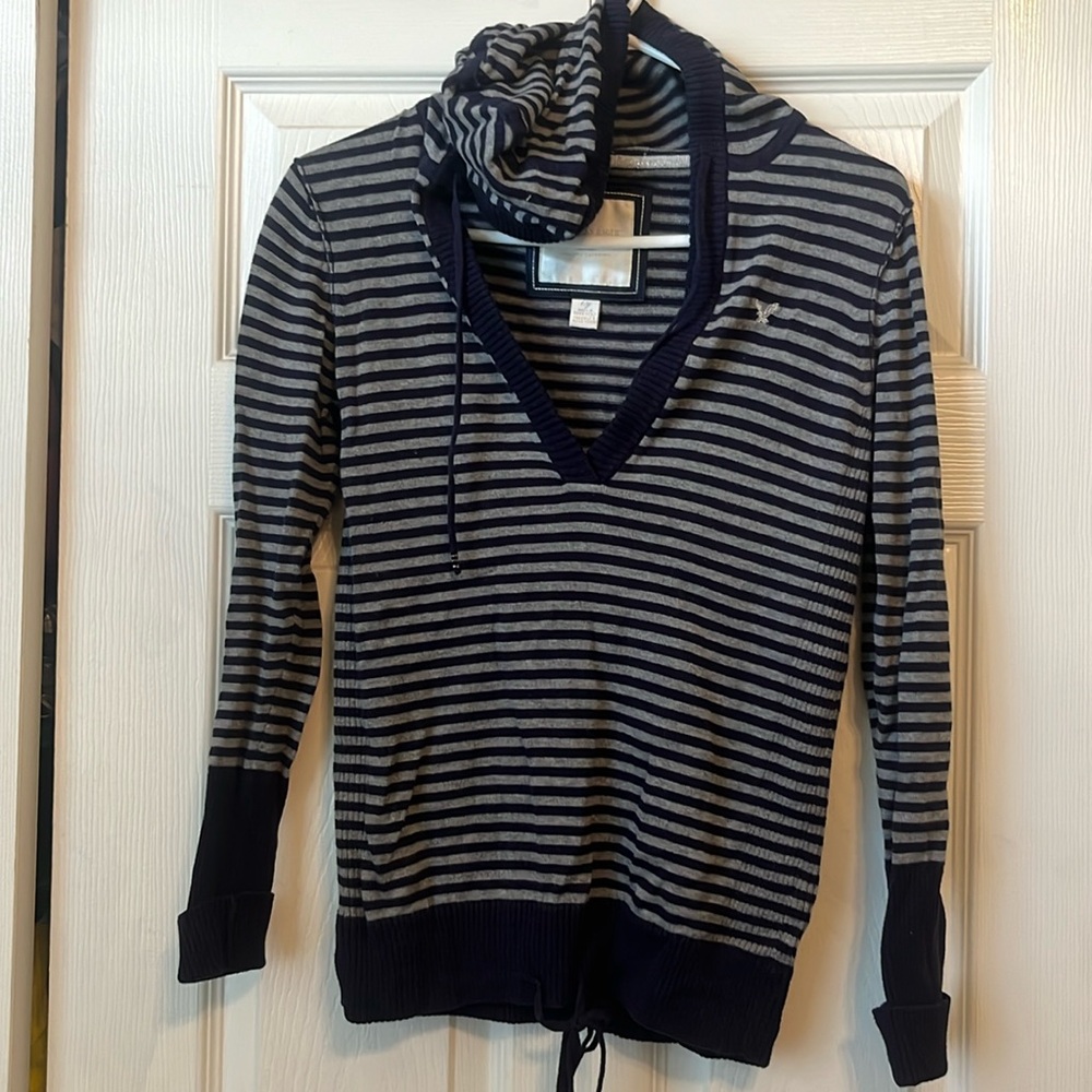 Navy blue and Gray stripped knit hoodie